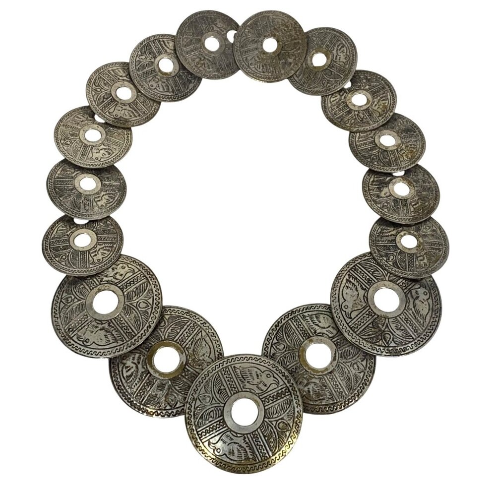 Raven Bird Tribal Style Silver Tone Engraved Disc Bib Statement Necklace 16"